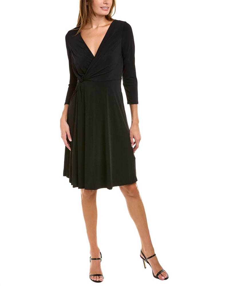 Front of a model wearing a size 10 Faux Wrap Dress In Black in Black by London Times. | dia_product_style_image_id:346727
